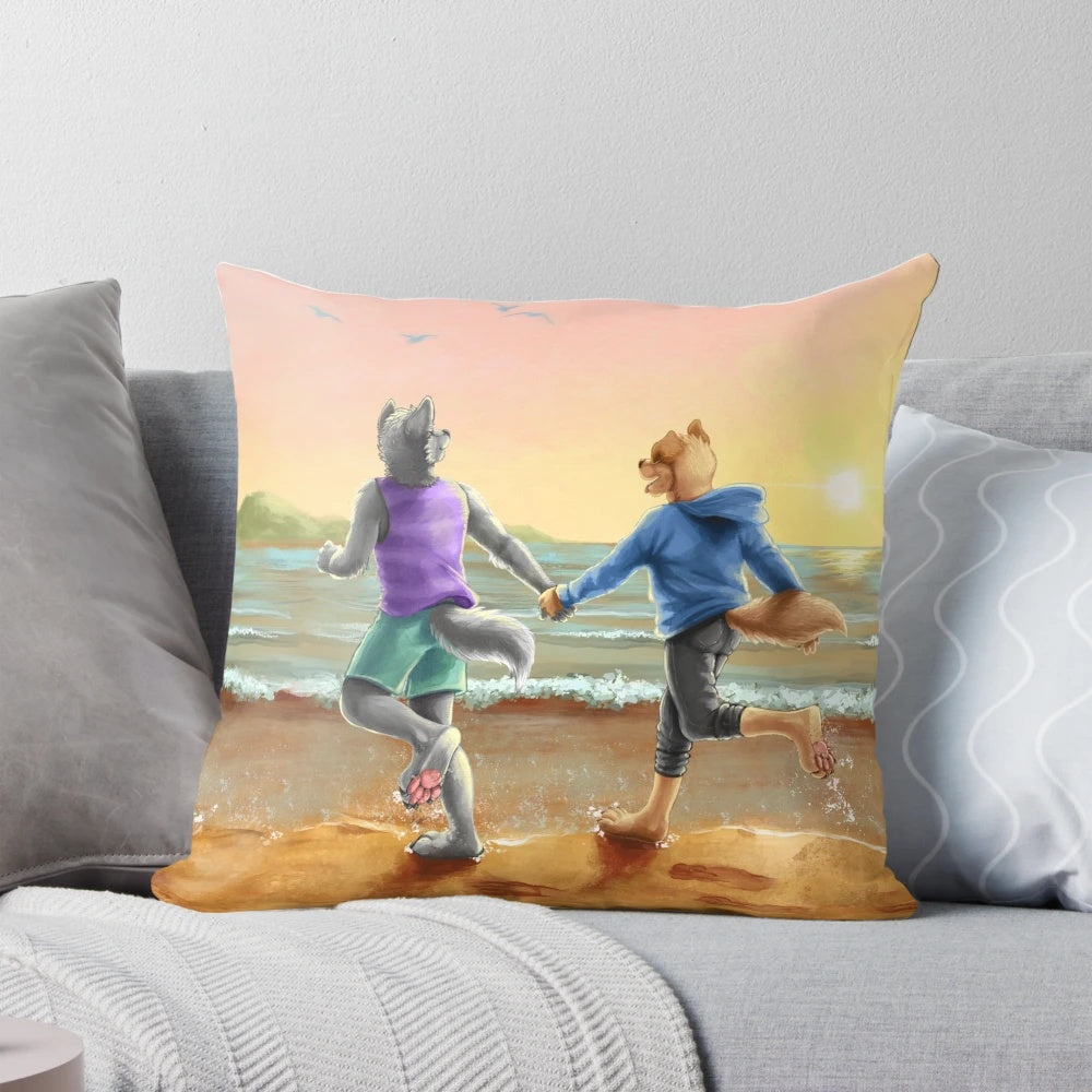 A soft, furry pillow featuring two characters embracing on a beach scene