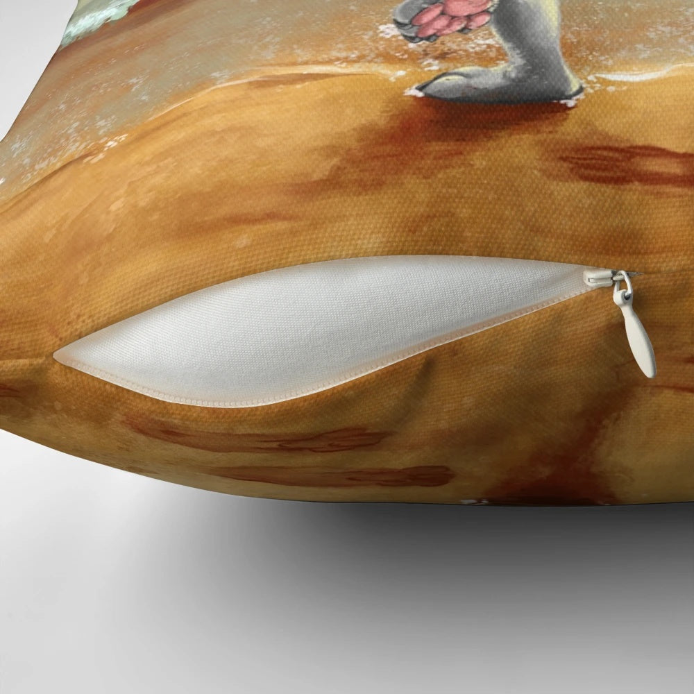 A soft, furry pillow featuring two characters embracing on a beach scene