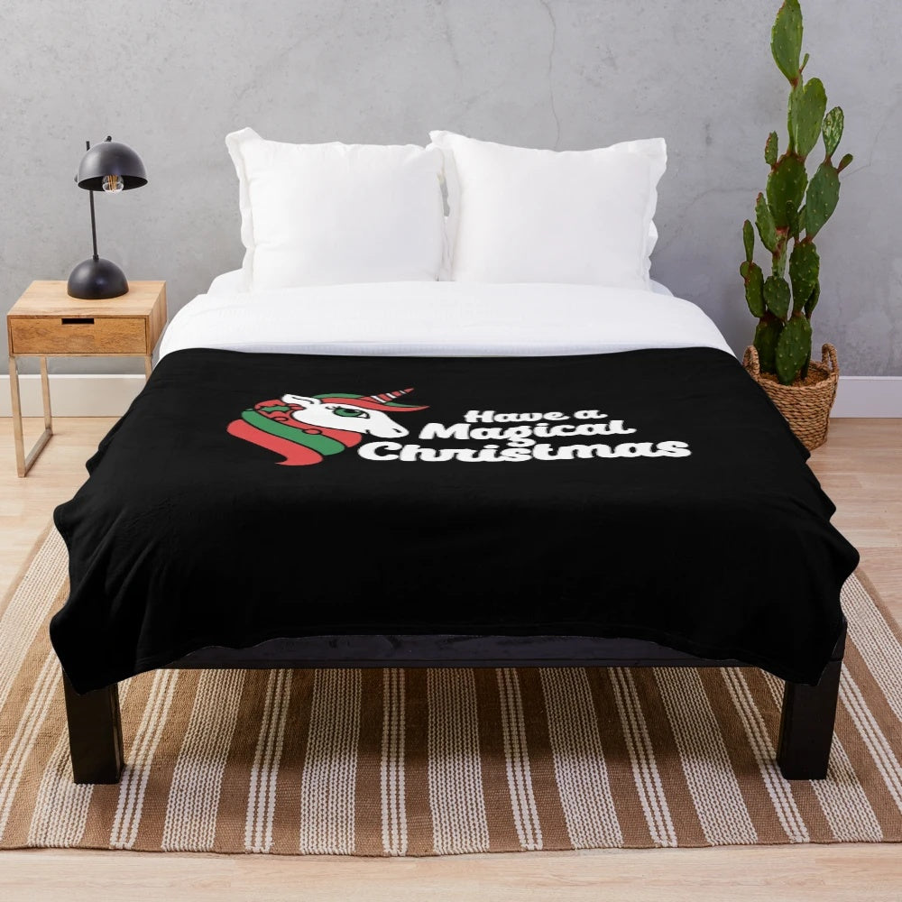 Magical Christmas plush blanket featuring a cute unicorn design