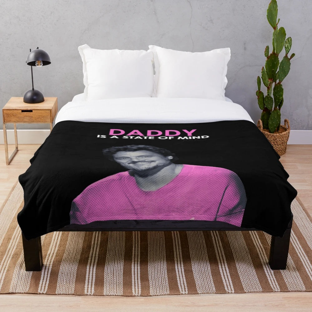 Colorful and cozy plush blanket featuring a Pedro Pascal-inspired "daddy" design