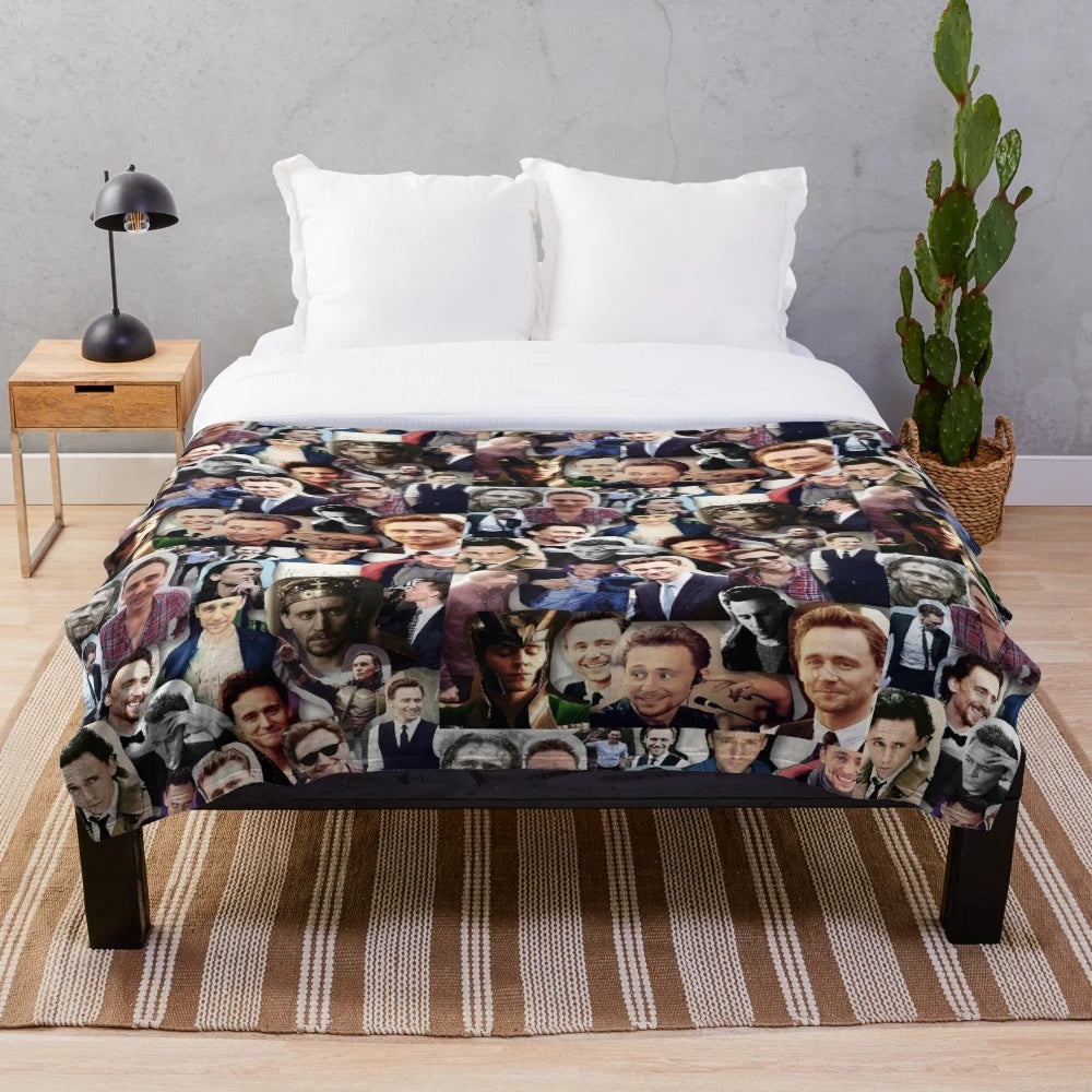 A cozy plush blanket featuring a collage of images showcasing the renowned actor Tom Hiddleston