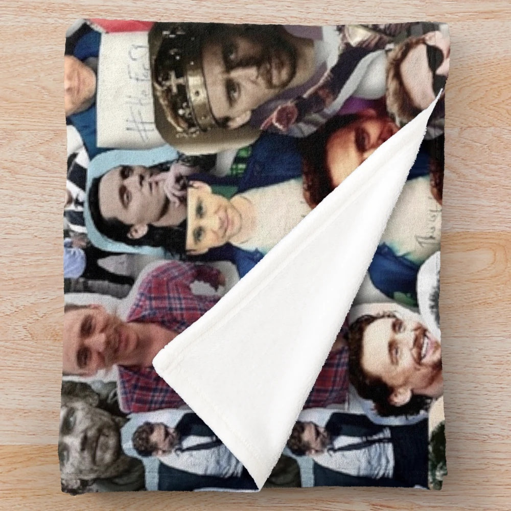 A cozy plush blanket featuring a collage of images showcasing the renowned actor Tom Hiddleston