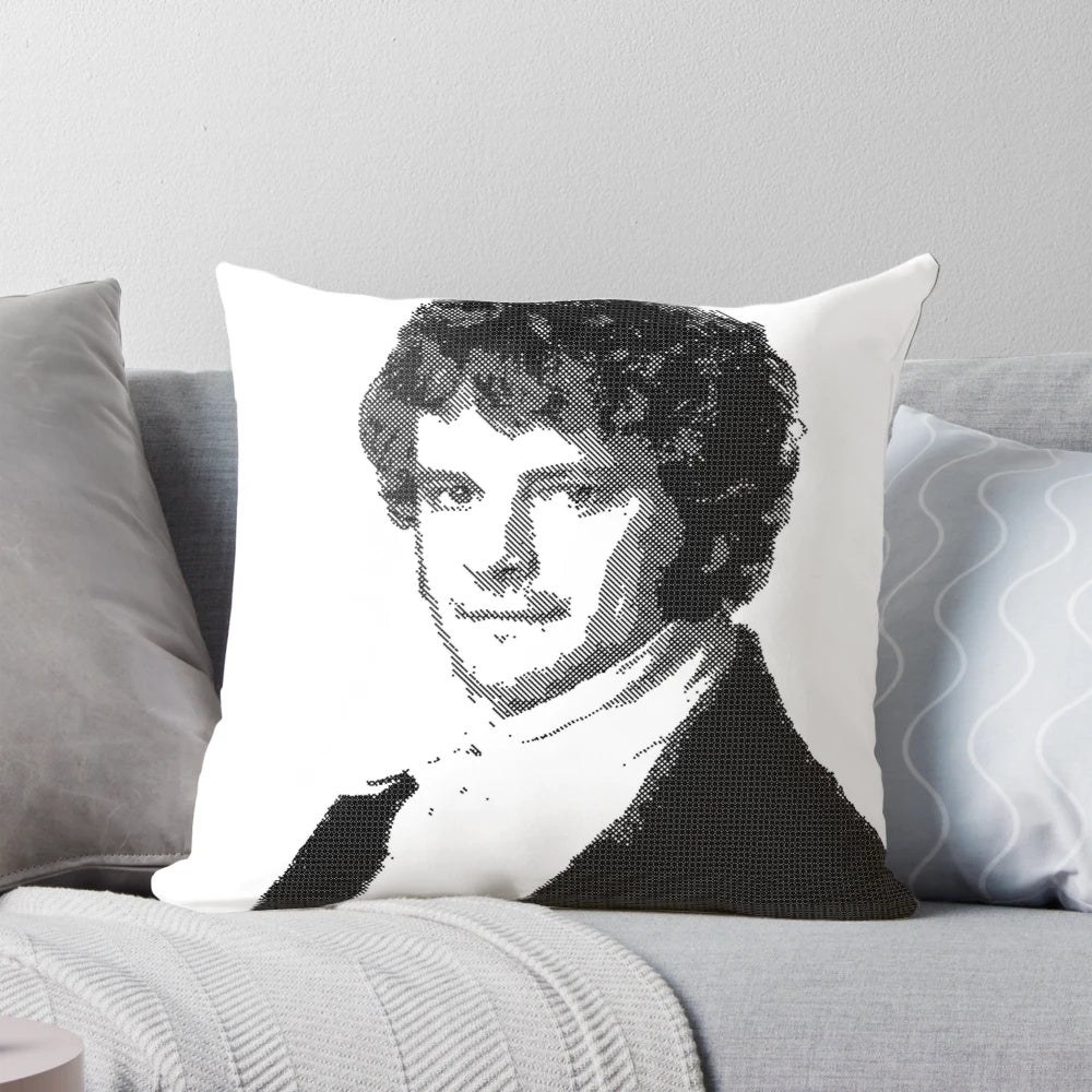Decorative pillow featuring a portrait of Mr. Darcy from the classic Jane Austen novel Pride and Prejudice.