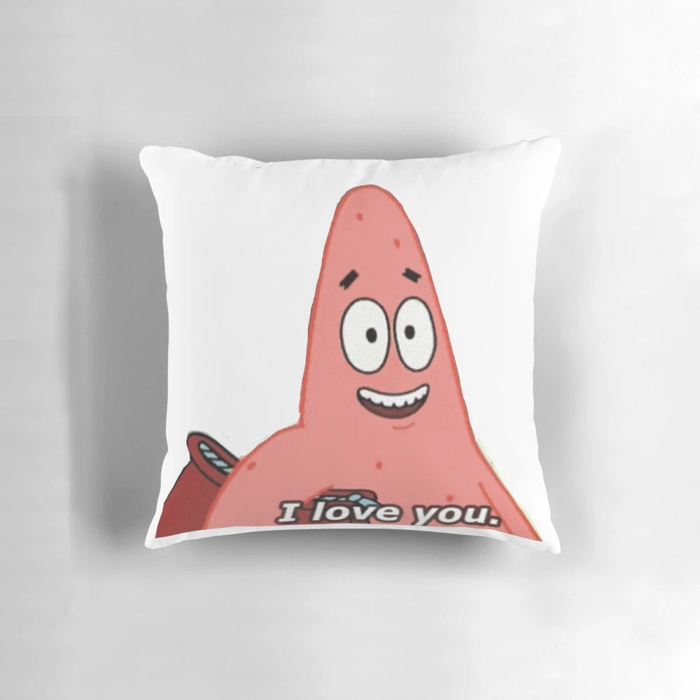 "Plush Patrick Star pillow with 'I Love You' text, perfect for Spongebob fans"