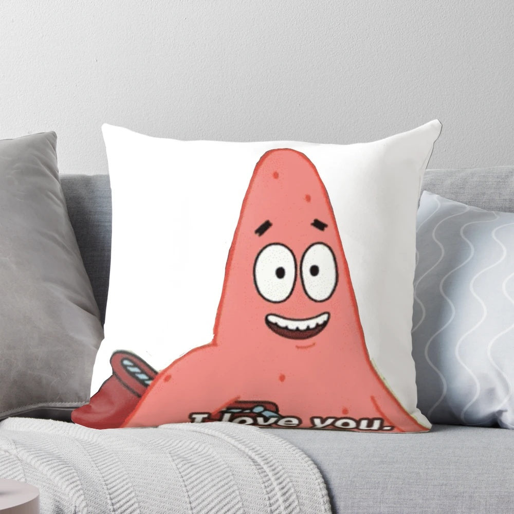 "Plush Patrick Star pillow with 'I Love You' text, perfect for Spongebob fans"