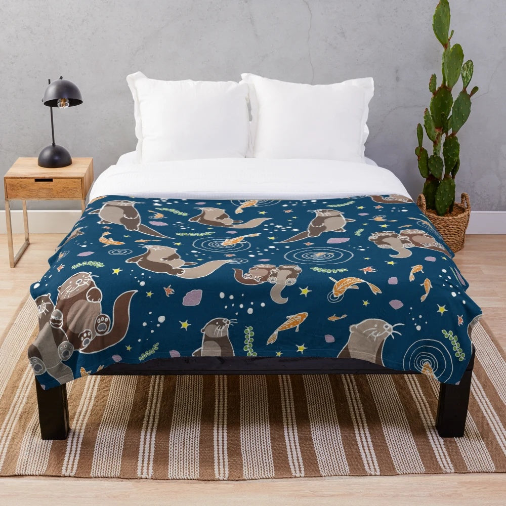 Sea Otter Plush Blanket with Cute Otters Swimming in the Night
