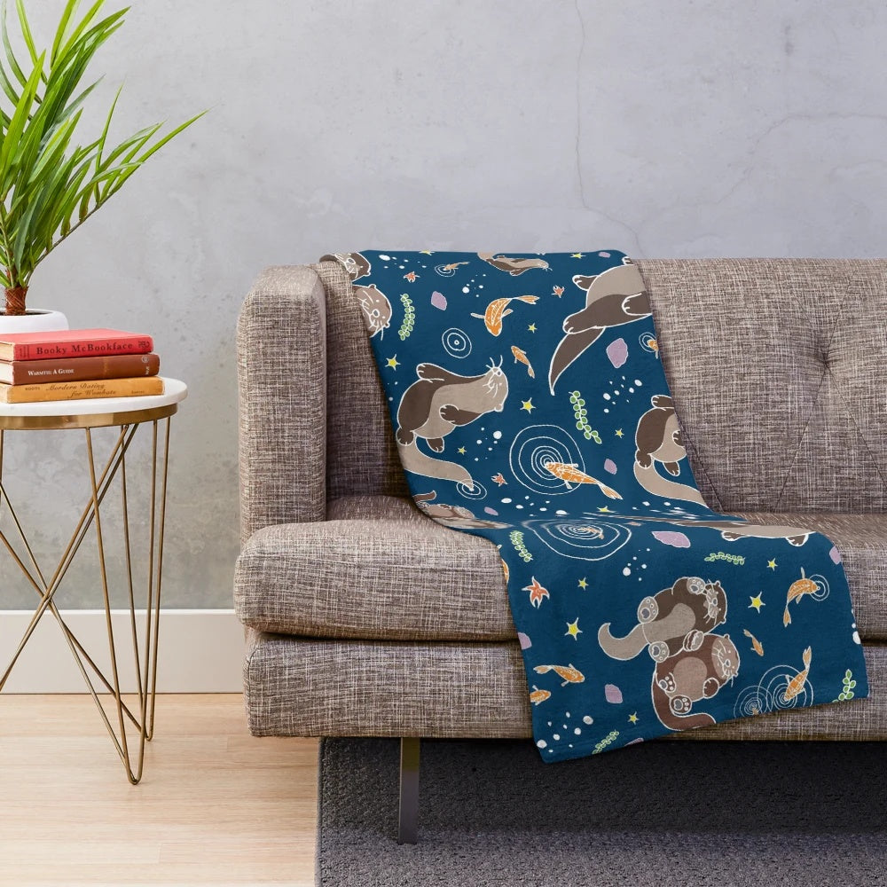 Sea Otter Plush Blanket with Cute Otters Swimming in the Night