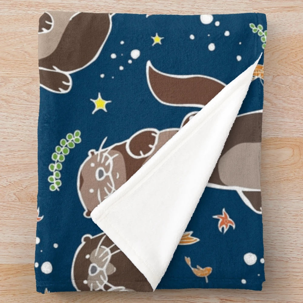 Sea Otter Plush Blanket with Cute Otters Swimming in the Night