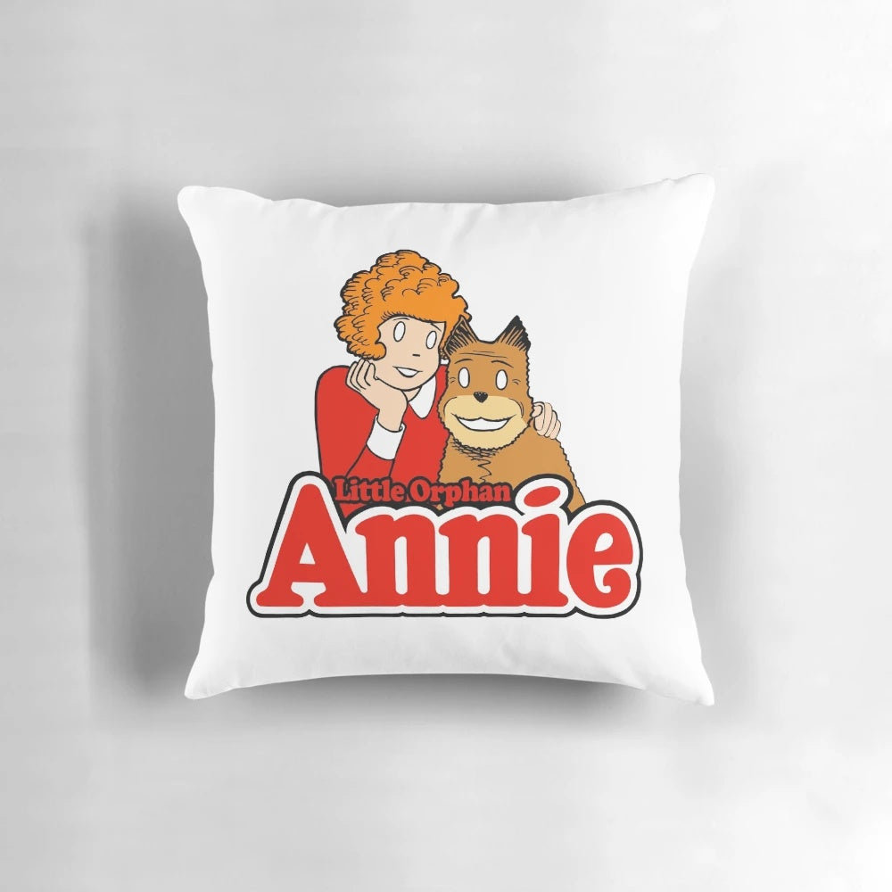Soft, plush pillow featuring the beloved Little Orphan Annie character and her canine companion, Sandy.