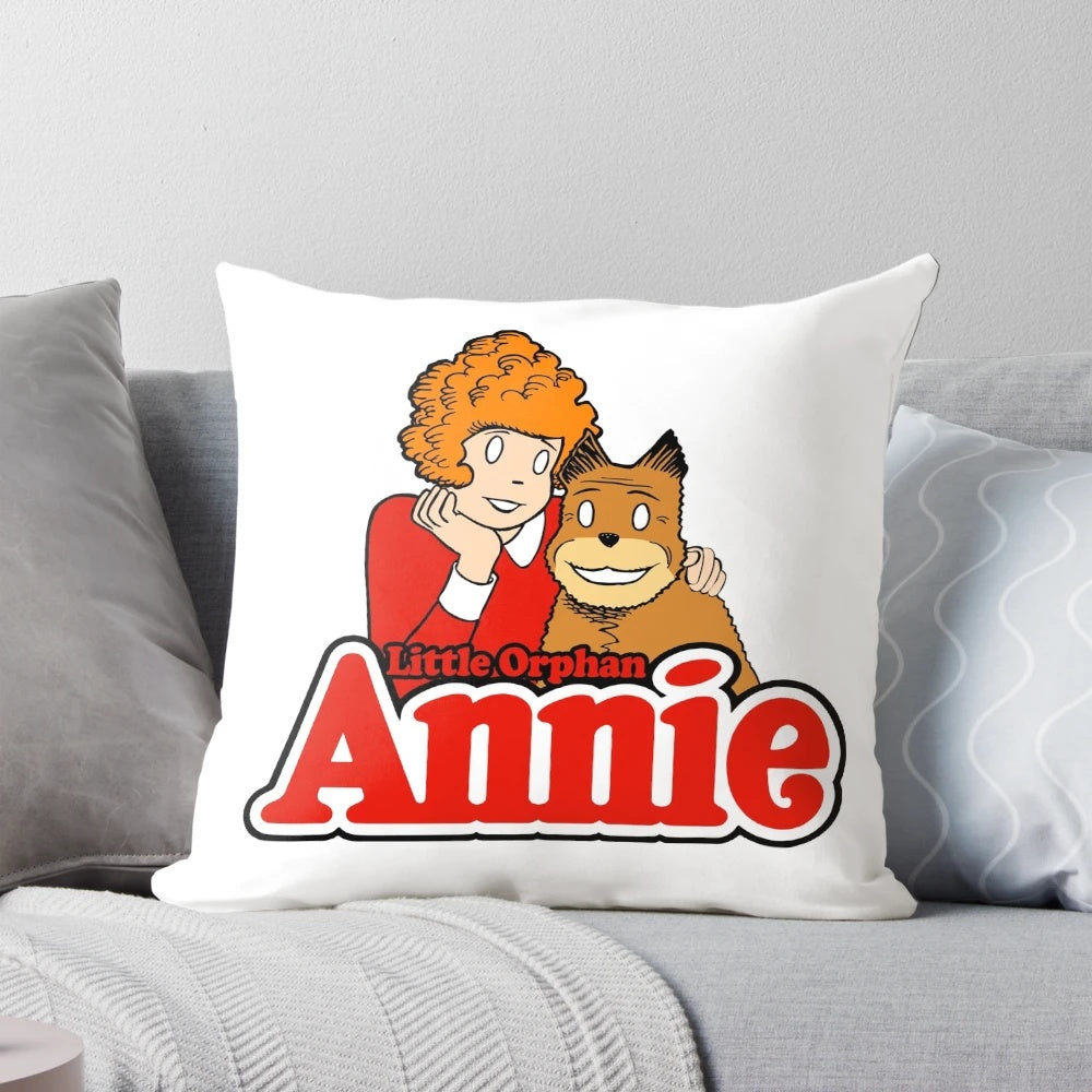 Soft, plush pillow featuring the beloved Little Orphan Annie character and her canine companion, Sandy.