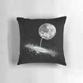 A cute and whimsical pillow featuring a doodle of the moon 'Luna' sipping a drink from a straw against a starry, galactic backdrop.