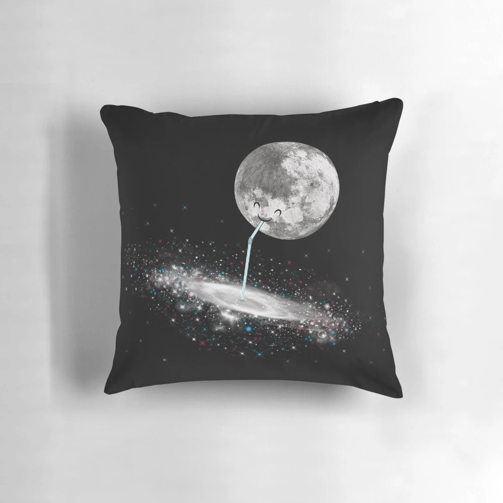 A cute and whimsical pillow featuring a doodle of the moon 'Luna' sipping a drink from a straw against a starry, galactic backdrop.