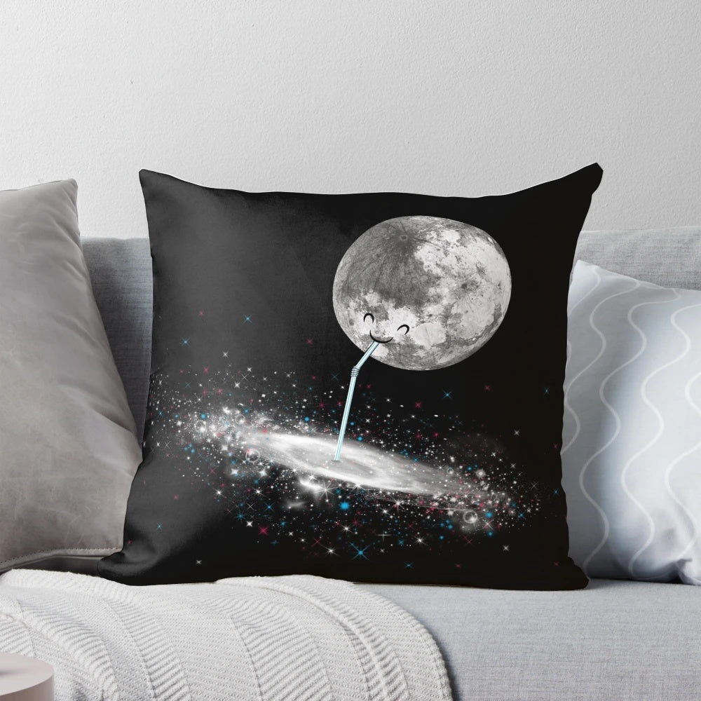 A cute and whimsical pillow featuring a doodle of the moon 'Luna' sipping a drink from a straw against a starry, galactic backdrop.