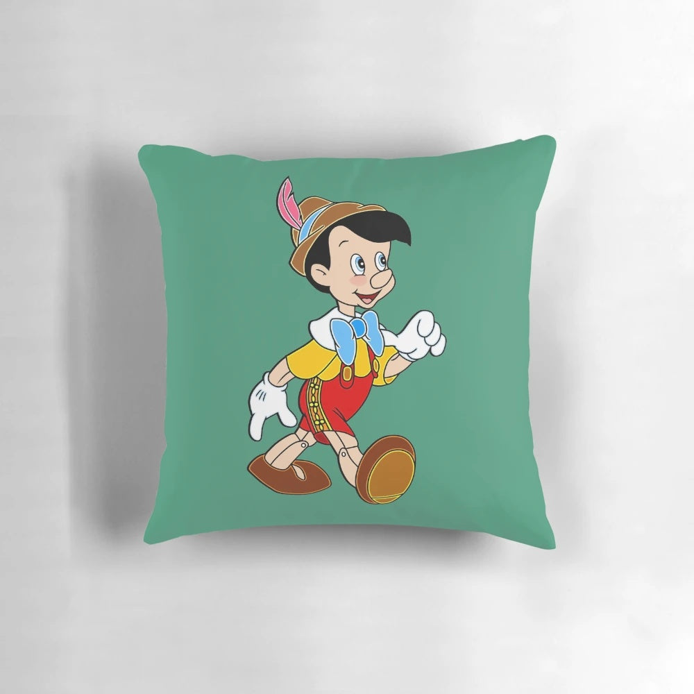 Cozy Pinocchio pillow featuring a handcrafted wooden doll design