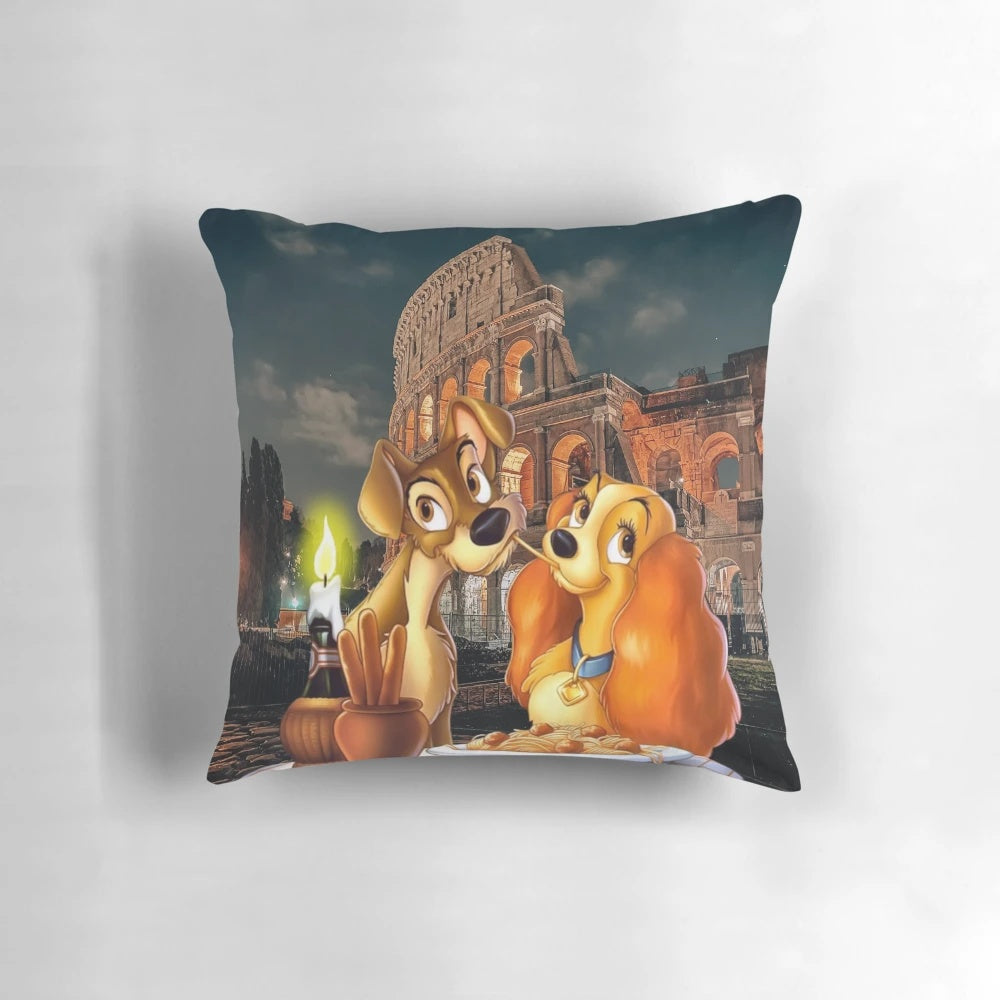A plush pillow featuring the iconic Disney characters Lady and Tramp, perfect for a romantic honeymoon or travel adventure.