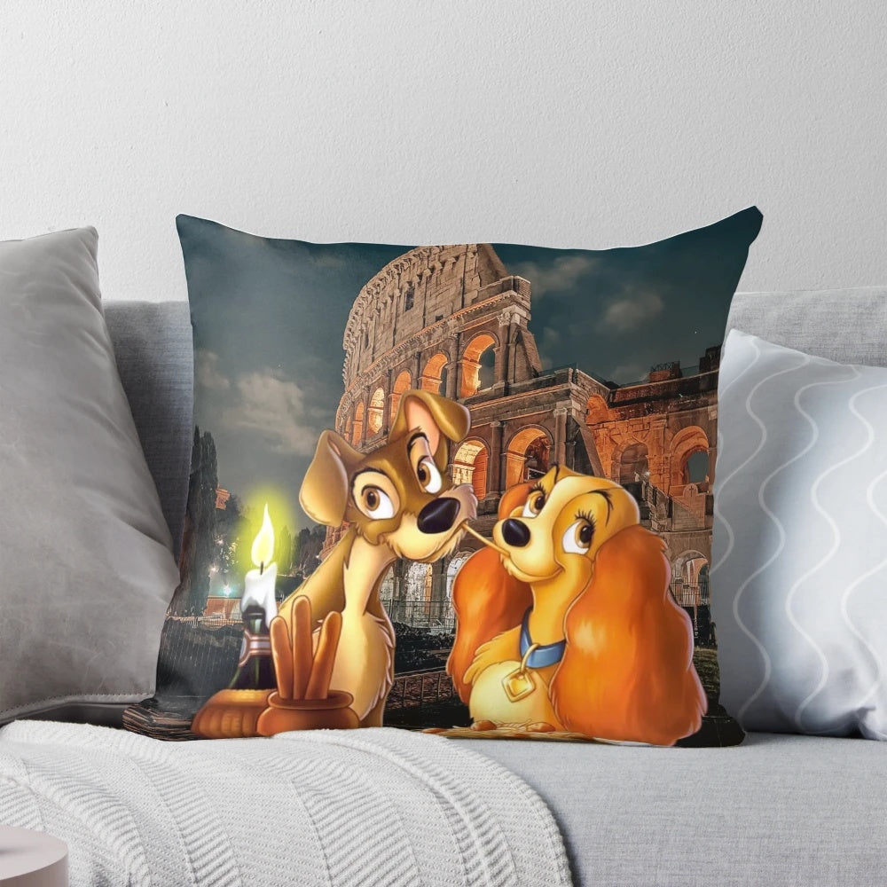 A plush pillow featuring the iconic Disney characters Lady and Tramp, perfect for a romantic honeymoon or travel adventure.