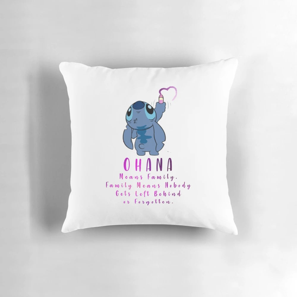 Soft and plush Lilo and Stitch Ohana pillow, featuring the iconic characters and the phrase "Ohana means family, nobody gets left behind or forgotten.