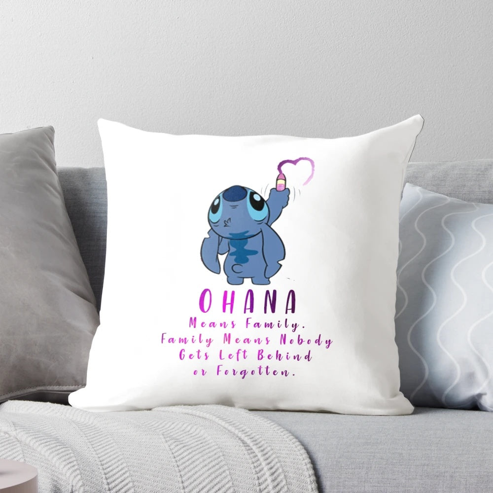 Soft and plush Lilo and Stitch Ohana pillow, featuring the iconic characters and the phrase "Ohana means family, nobody gets left behind or forgotten.