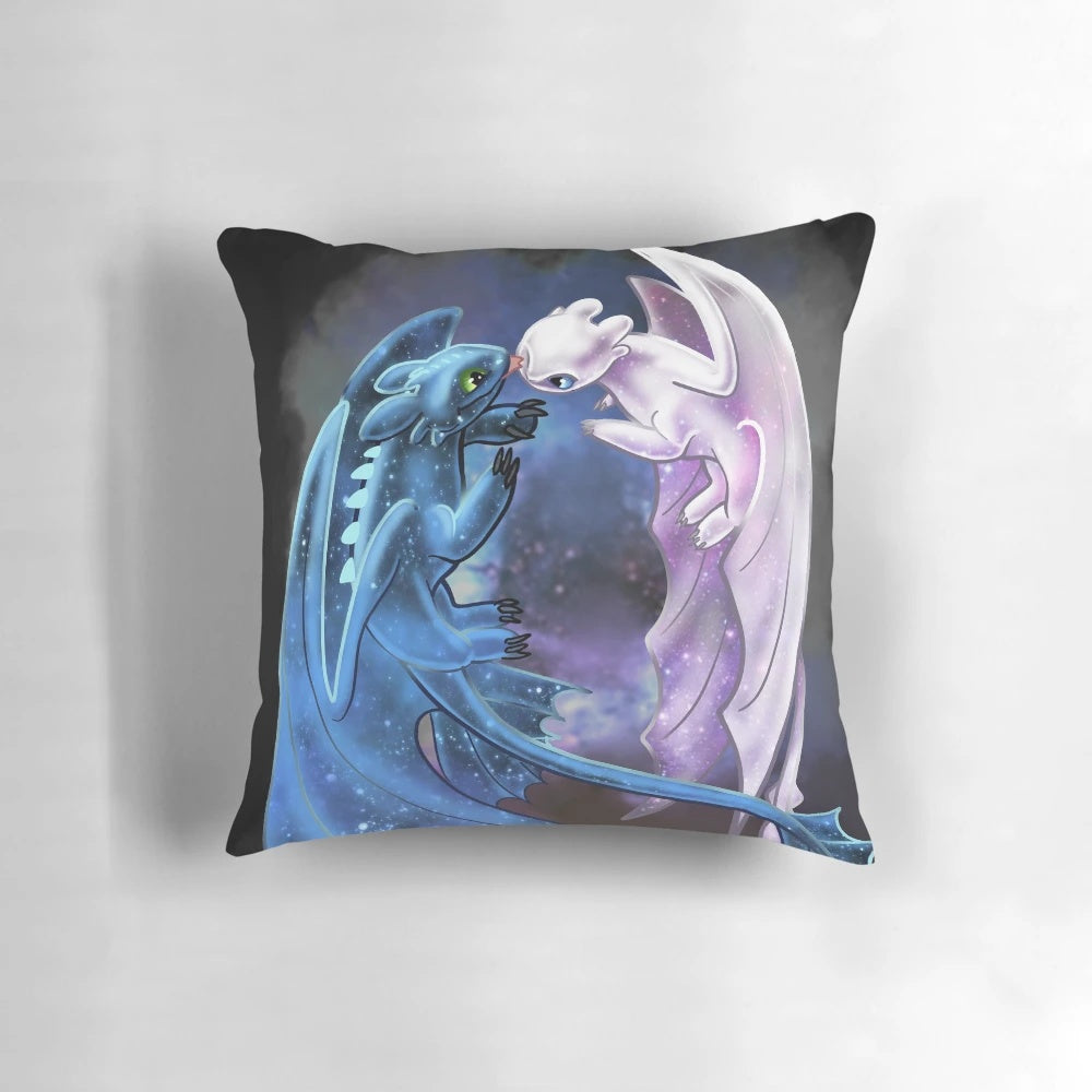 Cozy dragon plush pillow featuring Toothless and Light Fury from How to Train Your Dragon