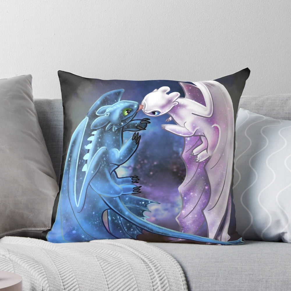 Cozy dragon plush pillow featuring Toothless and Light Fury from How to Train Your Dragon