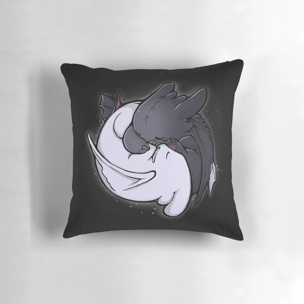 Toothless and Light Fury, the beloved Dragons from How to Train Your Dragon, hugging in a soft, plush pillow design.