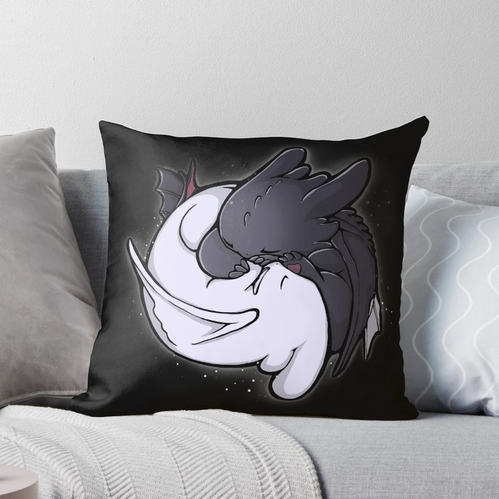 Toothless and Light Fury, the beloved Dragons from How to Train Your Dragon, hugging in a soft, plush pillow design.