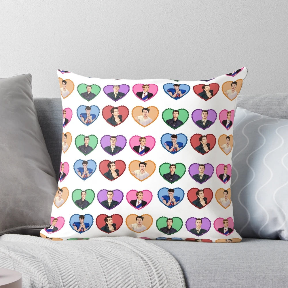 A cozy pillow featuring the characters from the LGBTQ+ novel 'Red, White & Royal Blue', including Nicholas Galitzine, Alex Claremont-Diaz, and more.