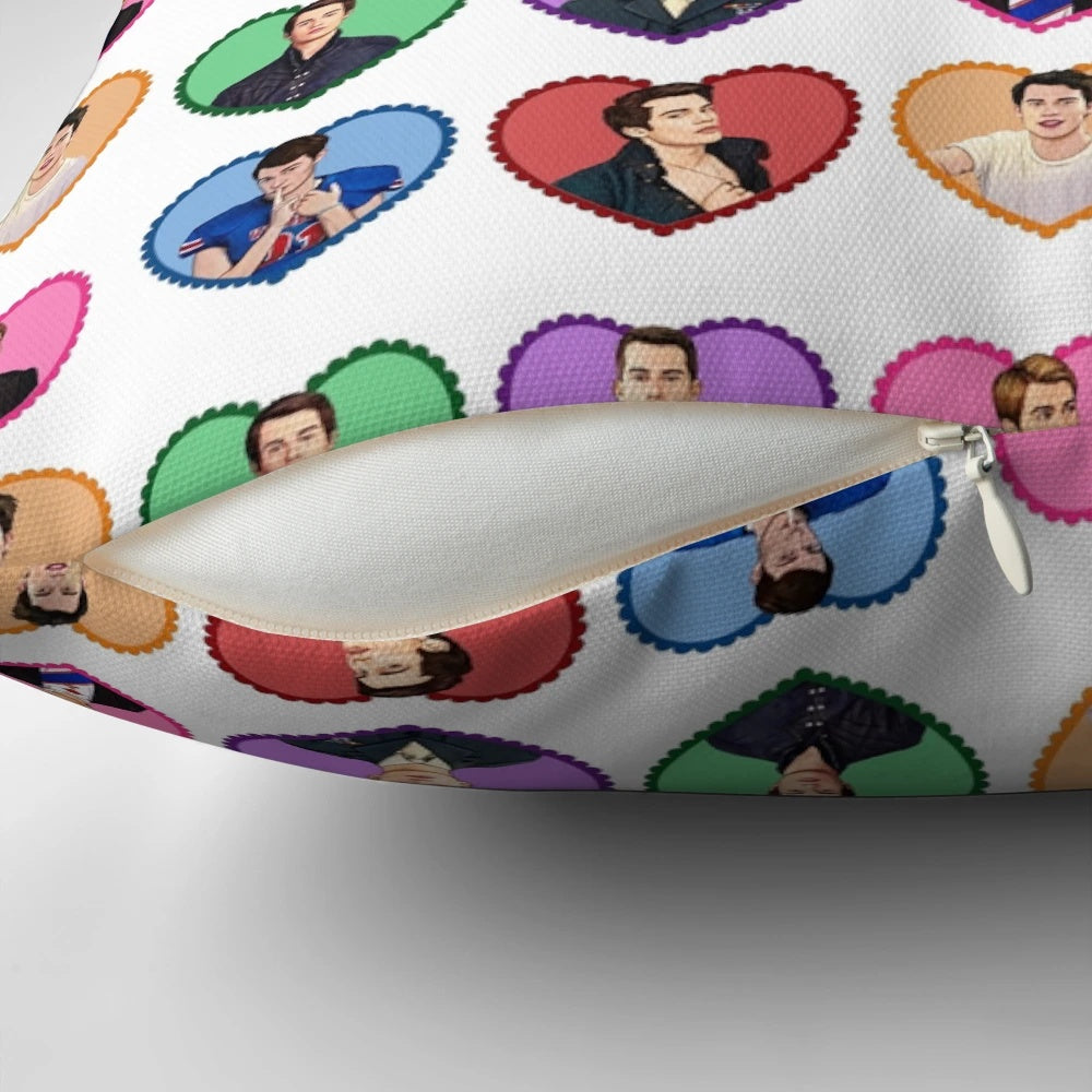 A cozy pillow featuring the characters from the LGBTQ+ novel 'Red, White & Royal Blue', including Nicholas Galitzine, Alex Claremont-Diaz, and more.