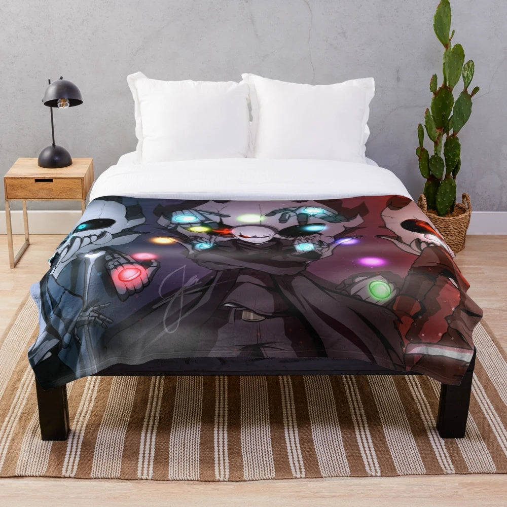 Bad Time Trio plush blanket featuring Sans, Papyrus, and Gaster from Glitchtale Undertale