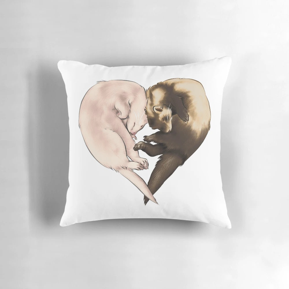 Soft, plush pillow featuring a heart design and the word "Love" with a cute ferret illustration.