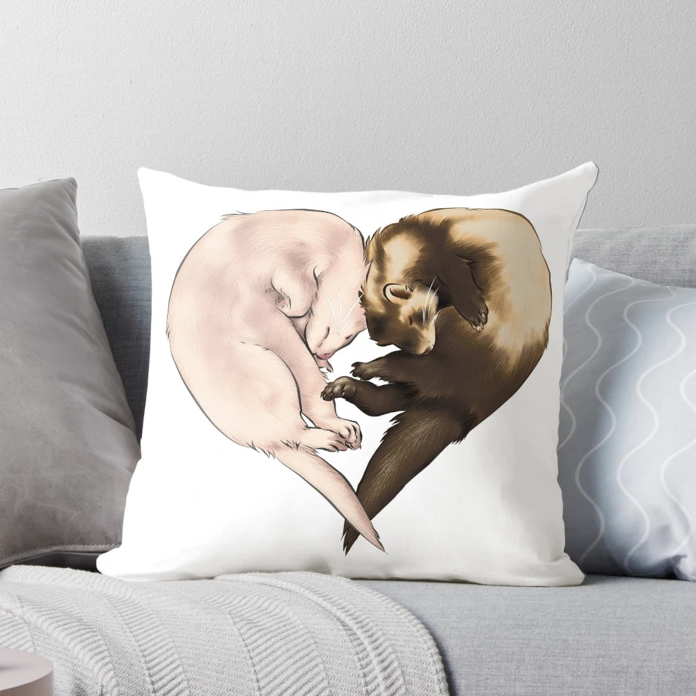 Soft, plush pillow featuring a heart design and the word "Love" with a cute ferret illustration.