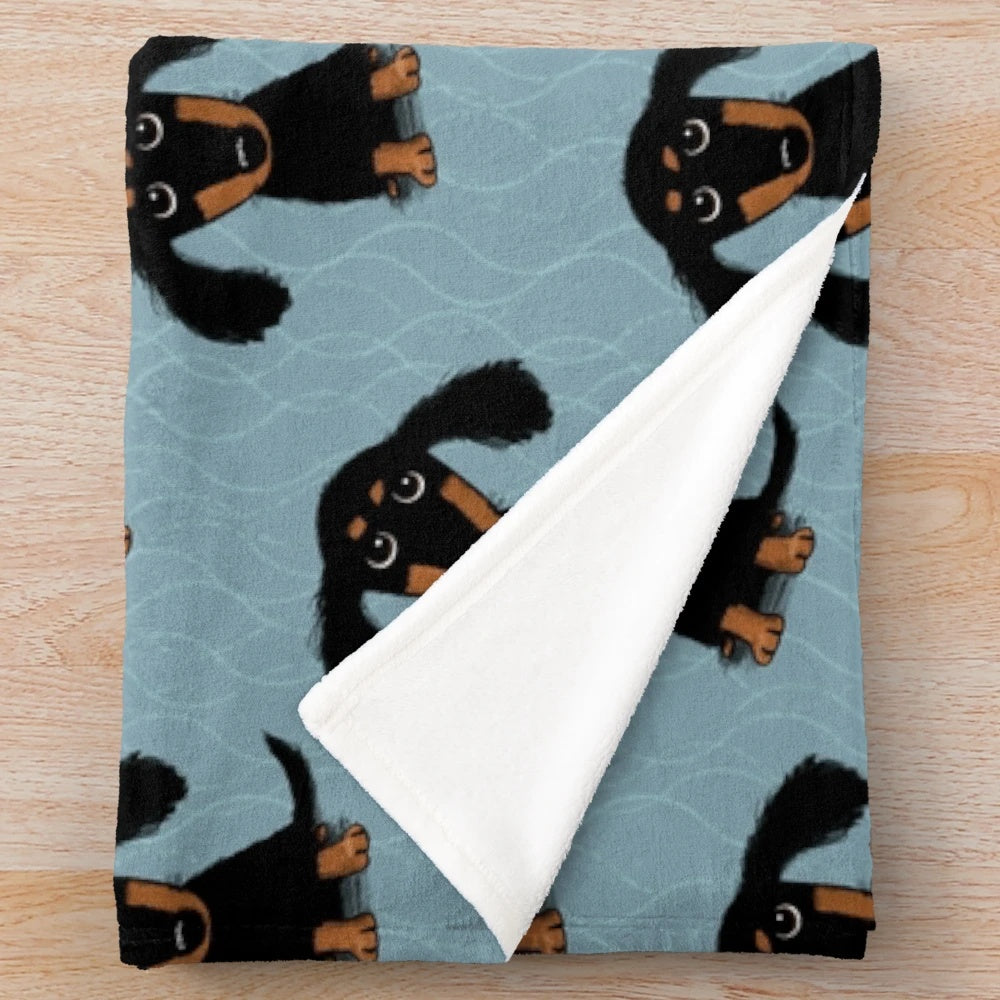 Longhaired dachshund puppy on a soft, plush blanket