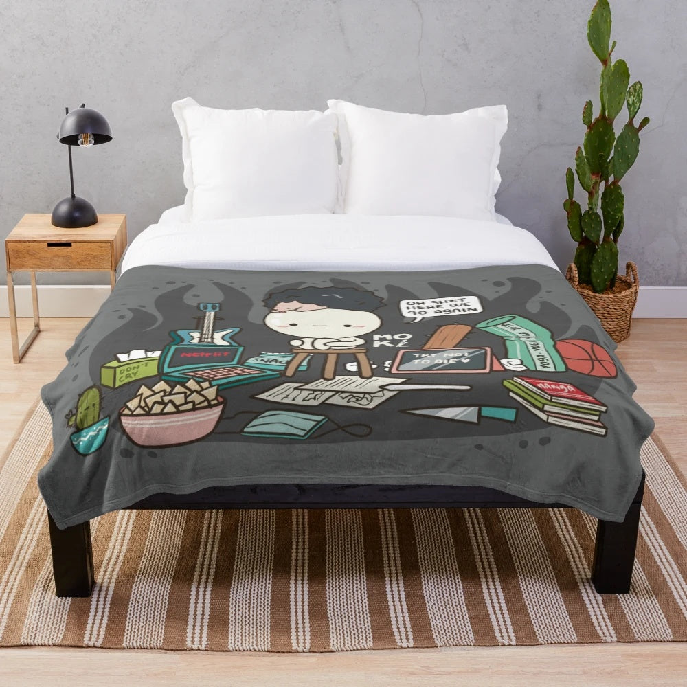 Moki plush blanket with cute hedgehog and mochi design