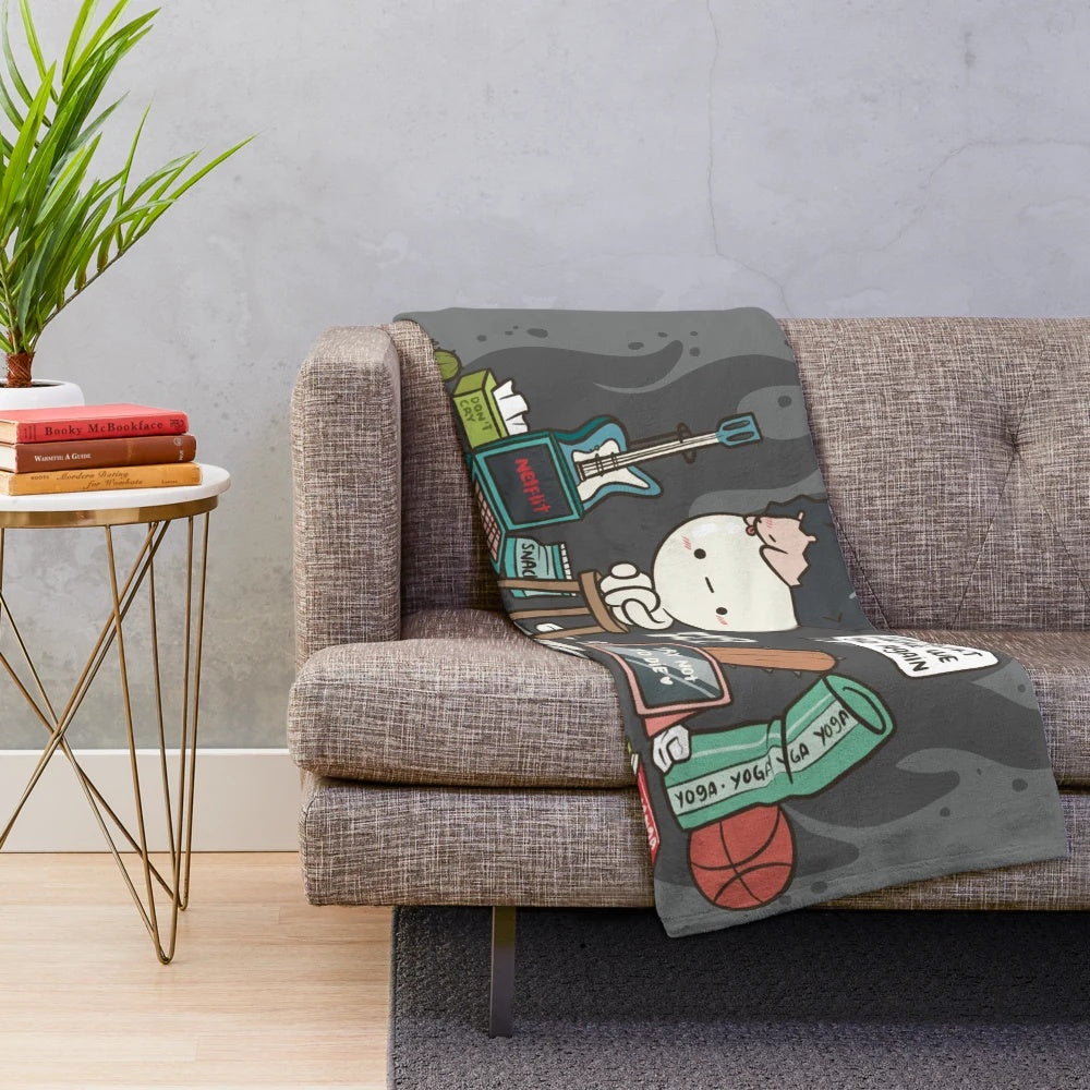 Moki plush blanket with cute hedgehog and mochi design