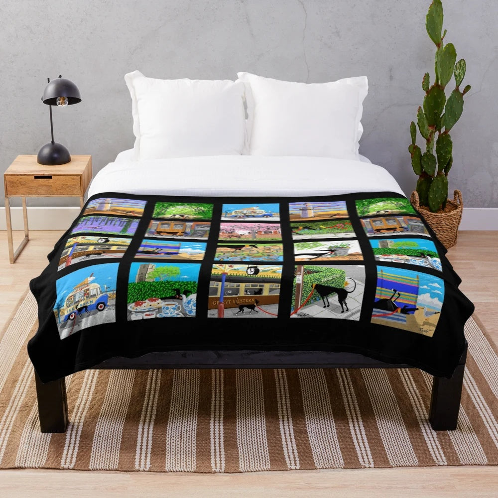 Plush blanket featuring greyhound, whippet, lurcher, and iggy dog designs