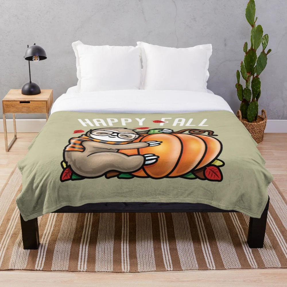 Soft and cuddly plush blanket featuring a sloth hugging a pumpkin in a fall setting