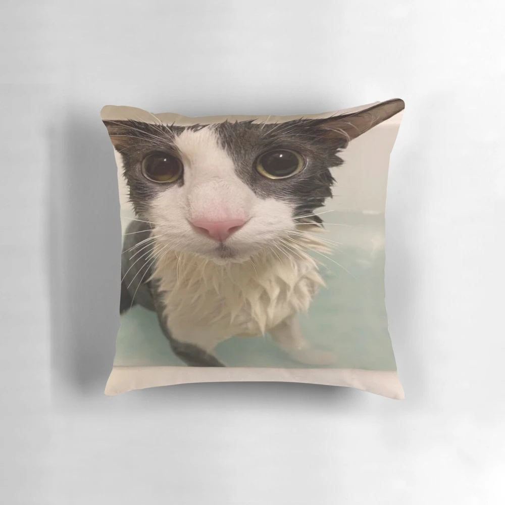 Plush, soft pillow with an image of a wet, playful cat curled up on it