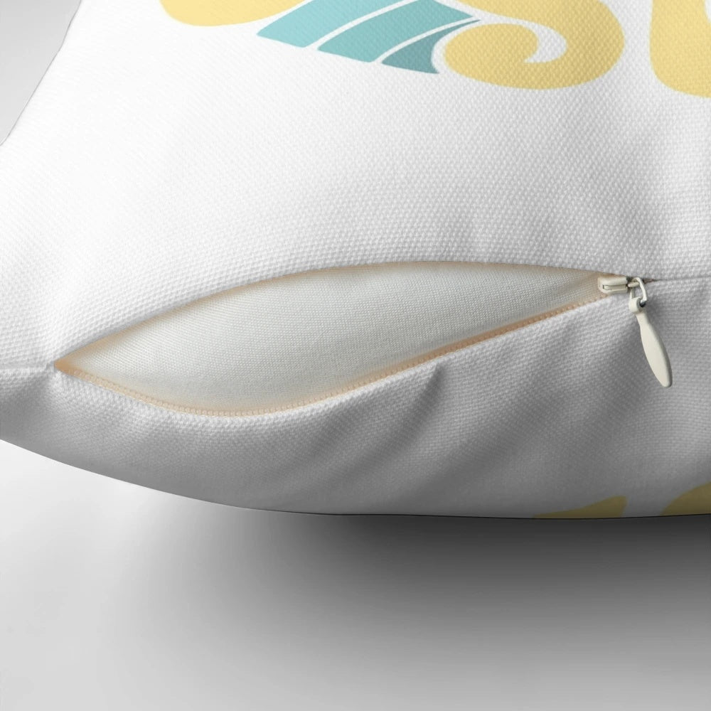 Colorful and vibrant 'Here Comes the Sun' pillow featuring sunshine, ocean, and summer vibes