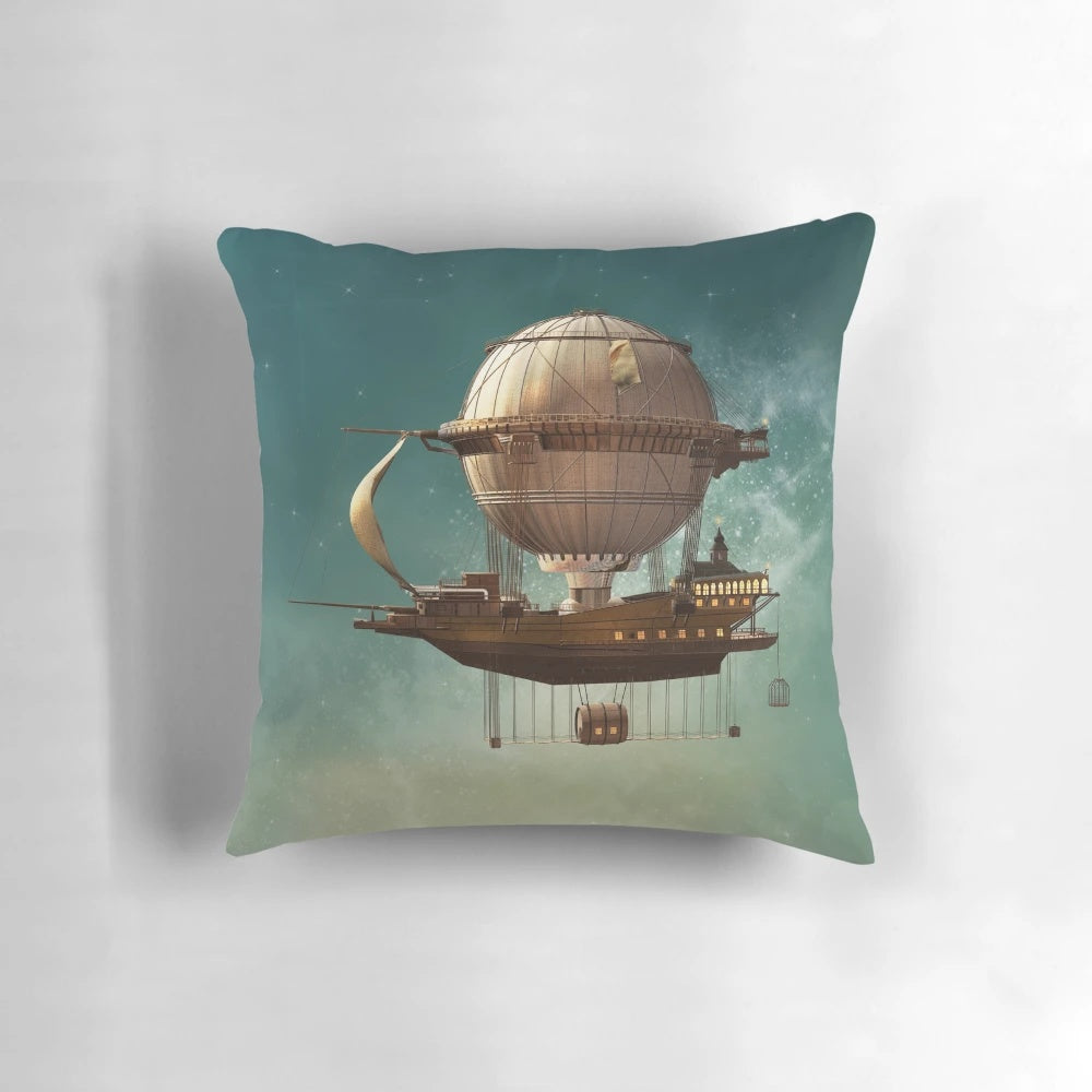 Steampunk inspired hot air balloon design on a decorative throw pillow