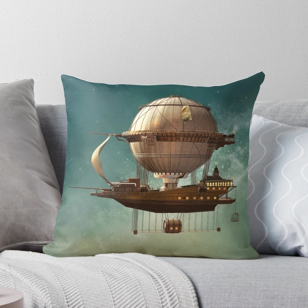 Steampunk inspired hot air balloon design on a decorative throw pillow