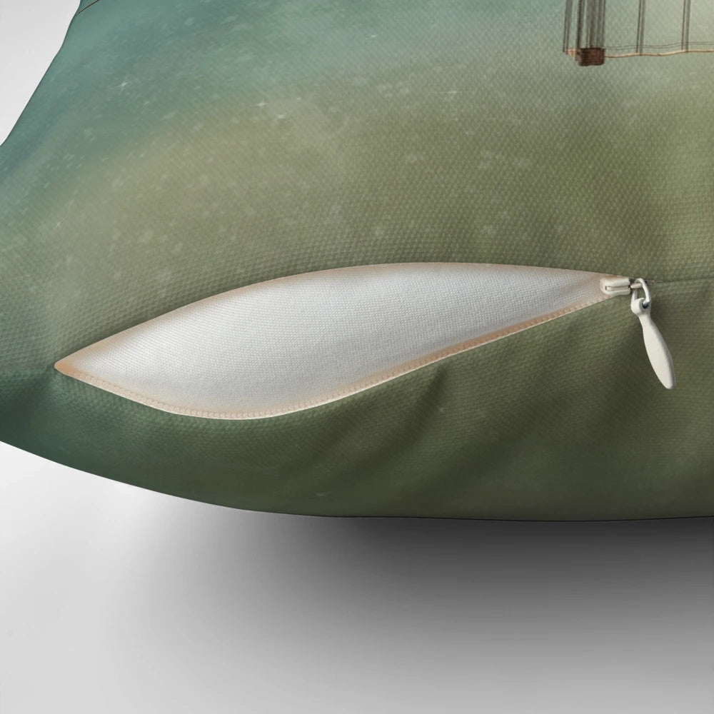 Steampunk inspired hot air balloon design on a decorative throw pillow