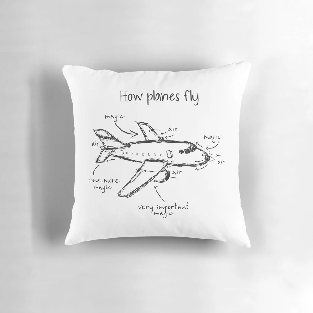 How Planes Fly" Pillow with an illustration of a plane in flight