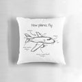 How Planes Fly" Pillow with an illustration of a plane in flight
