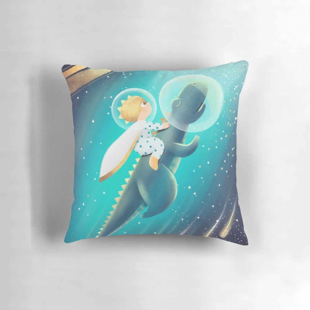 Colorful and whimsical pillow featuring a T-Rex astronaut floating in space