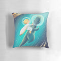 Colorful and whimsical pillow featuring a T-Rex astronaut floating in space