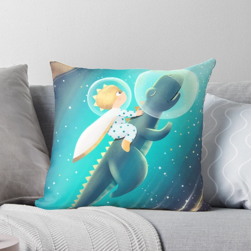 Colorful and whimsical pillow featuring a T-Rex astronaut floating in space