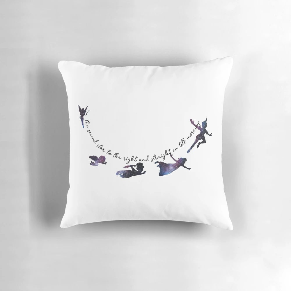 Whimsical Peter Pan-themed pillow with the quote "to live would be an awfully big adventure