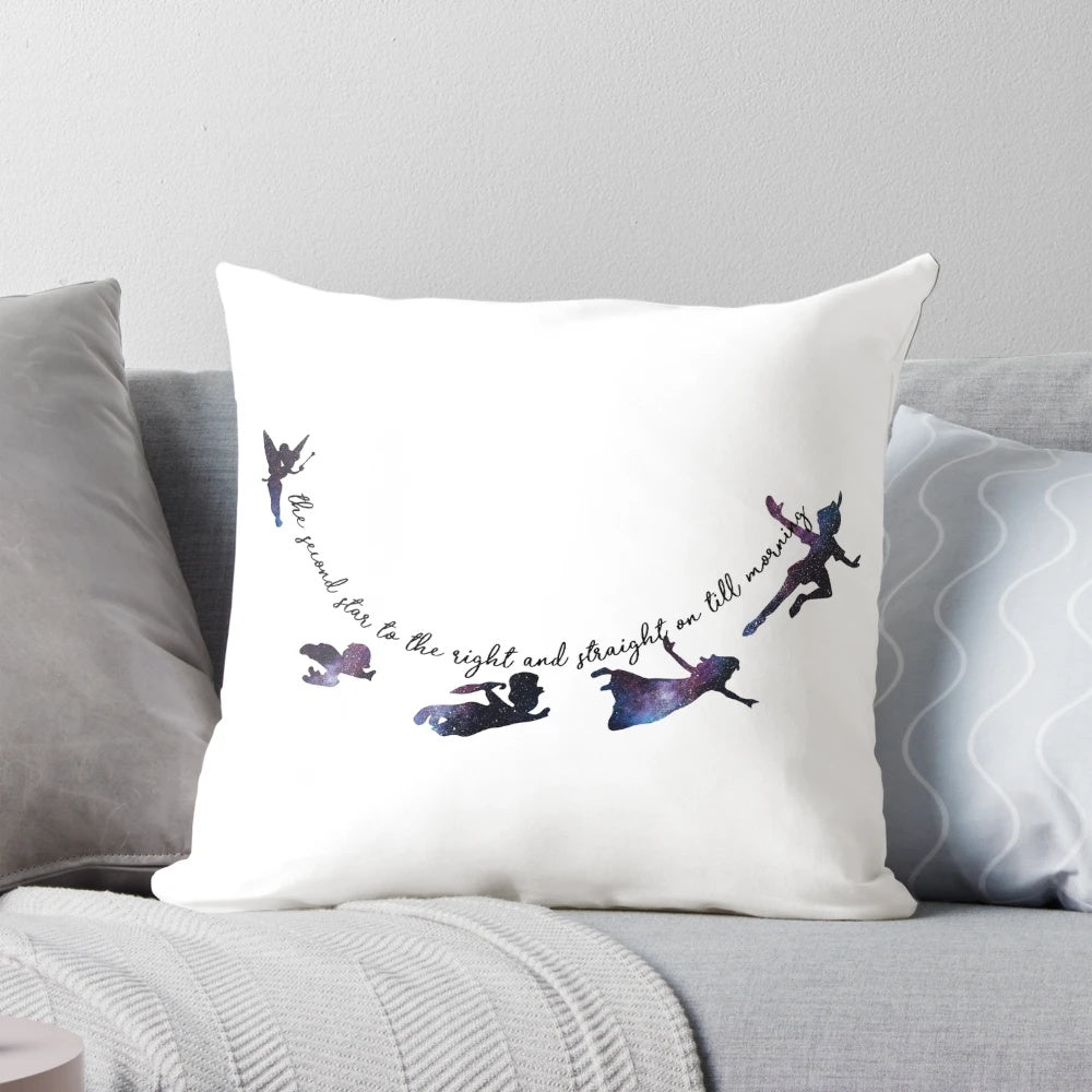 Whimsical Peter Pan-themed pillow with the quote "to live would be an awfully big adventure