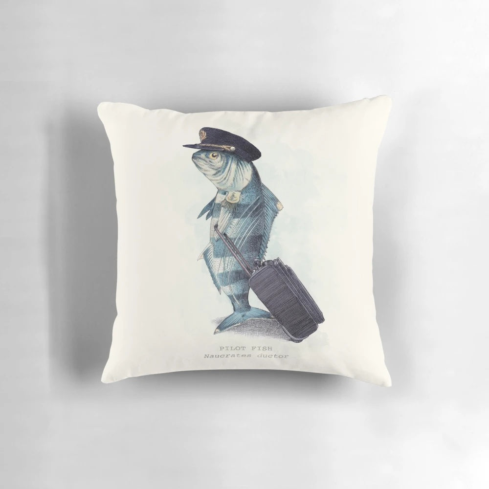 A whimsical and nautical-inspired pillow featuring a pilot fish design, perfect for travel and aviation enthusiasts.