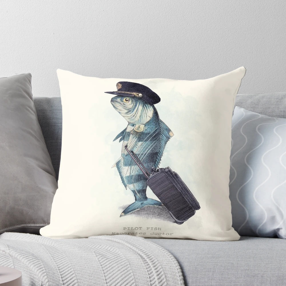 A whimsical and nautical-inspired pillow featuring a pilot fish design, perfect for travel and aviation enthusiasts.